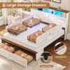 imageVIAGDO Full Size Bed Frame with 6 Drawers Farmhouse Bed Frame with Barn Door Headboard and Storage Wood Platform Bed Frame Full Size with Charging Station and LED Lights No Box Spring Needed BrownWhite