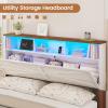 imageVIAGDO Full Size Bed Frame with 6 Drawers Farmhouse Bed Frame with Barn Door Headboard and Storage Wood Platform Bed Frame Full Size with Charging Station and LED Lights No Box Spring Needed BrownWhite