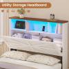 imageVIAGDO Full Size Bed Frame with 6 Drawers Farmhouse Bed Frame with Barn Door Headboard and Storage Wood Platform Bed Frame Full Size with Charging Station and LED Lights No Box Spring Needed BrownWhite