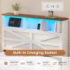 imageVIAGDO Full Size Bed Frame with 6 Drawers Farmhouse Bed Frame with Barn Door Headboard and Storage Wood Platform Bed Frame Full Size with Charging Station and LED Lights No Box Spring Needed BrownWhite
