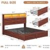 imageVIAGDO Full Size Bed Frame with 6 Drawers Farmhouse Bed Frame with Barn Door Headboard and Storage Wood Platform Bed Frame Full Size with Charging Station and LED Lights No Box Spring Needed BrownBrown