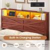 imageVIAGDO Full Size Bed Frame with 6 Drawers Farmhouse Bed Frame with Barn Door Headboard and Storage Wood Platform Bed Frame Full Size with Charging Station and LED Lights No Box Spring Needed BrownBrown
