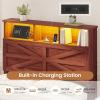 imageVIAGDO Full Size Bed Frame with 6 Drawers Farmhouse Bed Frame with Barn Door Headboard and Storage Wood Platform Bed Frame Full Size with Charging Station and LED Lights No Box Spring Needed BrownBrown