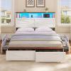 imageVIAGDO Full Size Bed Frame with 6 Drawers Farmhouse Bed Frame with Barn Door Headboard and Storage Wood Platform Bed Frame Full Size with Charging Station and LED Lights No Box Spring Needed BrownWhite