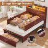 imageVIAGDO Full Size Bed Frame with 6 Drawers Farmhouse Bed Frame with Barn Door Headboard and Storage Wood Platform Bed Frame Full Size with Charging Station and LED Lights No Box Spring Needed BrownBrown