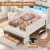 imageVIAGDO Full Size Bed Frame with 6 Drawers Farmhouse Bed Frame with Barn Door Headboard and Storage Wood Platform Bed Frame Full Size with Charging Station and LED Lights No Box Spring Needed BrownWhite