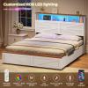 imageVIAGDO Full Size Bed Frame with 6 Drawers Farmhouse Bed Frame with Barn Door Headboard and Storage Wood Platform Bed Frame Full Size with Charging Station and LED Lights No Box Spring Needed BrownWhite