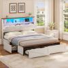 imageVIAGDO Full Size Bed Frame with 6 Drawers Farmhouse Bed Frame with Barn Door Headboard and Storage Wood Platform Bed Frame Full Size with Charging Station and LED Lights No Box Spring Needed BrownWhite