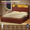 imageVIAGDO Full Size Bed Frame with 6 Drawers Farmhouse Bed Frame with Barn Door Headboard and Storage Wood Platform Bed Frame Full Size with Charging Station and LED Lights No Box Spring Needed BrownBrown