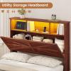 imageVIAGDO Full Size Bed Frame with 6 Drawers Farmhouse Bed Frame with Barn Door Headboard and Storage Wood Platform Bed Frame Full Size with Charging Station and LED Lights No Box Spring Needed BrownBrown