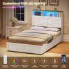 imageVIAGDO Full Size Bed Frame with 6 Drawers Farmhouse Bed Frame with Barn Door Headboard and Storage Wood Platform Bed Frame Full Size with Charging Station and LED Lights No Box Spring Needed BrownWhite