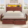 imageVIAGDO Full Size Bed Frame with 6 Drawers Farmhouse Bed Frame with Barn Door Headboard and Storage Wood Platform Bed Frame Full Size with Charging Station and LED Lights No Box Spring Needed BrownBrown