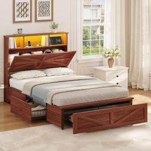 imageVIAGDO Full Size Bed Frame with 6 Drawers Farmhouse Bed Frame with Barn Door Headboard and Storage Wood Platform Bed Frame Full Size with Charging Station and LED Lights No Box Spring Needed BrownBrown