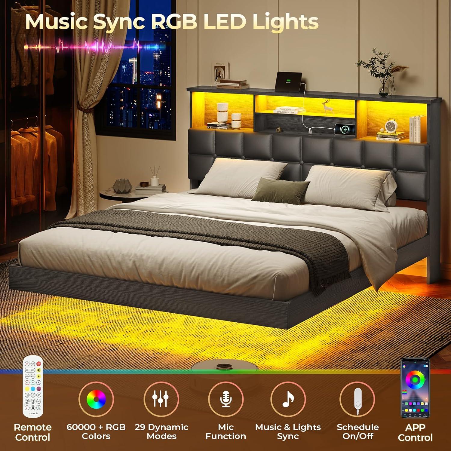 imageVIAGDO Floating Bed Frame Queen Size with Headboard and Storage Upholstered Queen Platform Bed Frame with USB ampamp Type C Charging Station and LED Lights Hidden Storage No Box Spring Needed BlackBlack