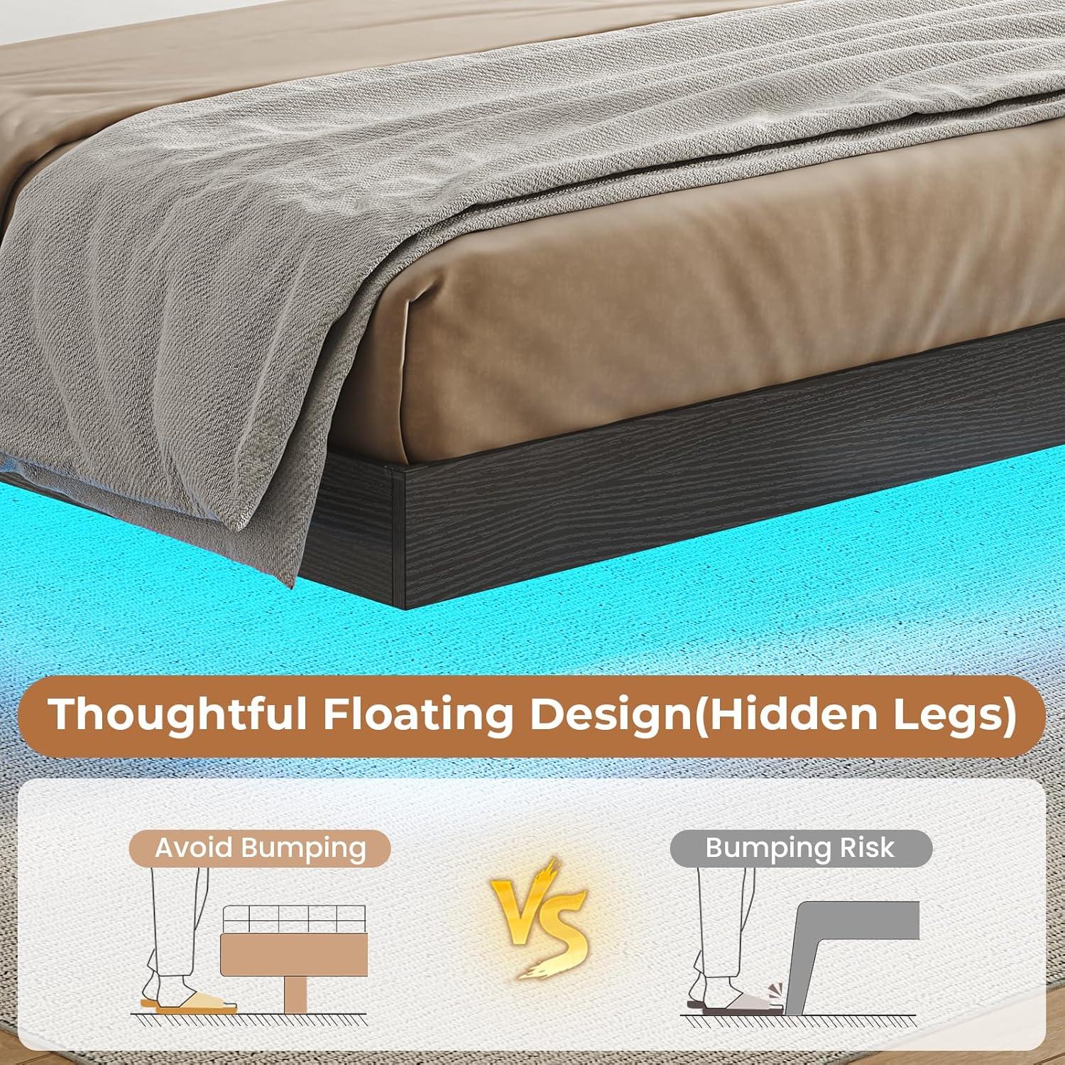 imageVIAGDO Floating Bed Frame Queen Size with Headboard and Storage Upholstered Queen Platform Bed Frame with USB ampamp Type C Charging Station and LED Lights Hidden Storage No Box Spring Needed BlackBlack