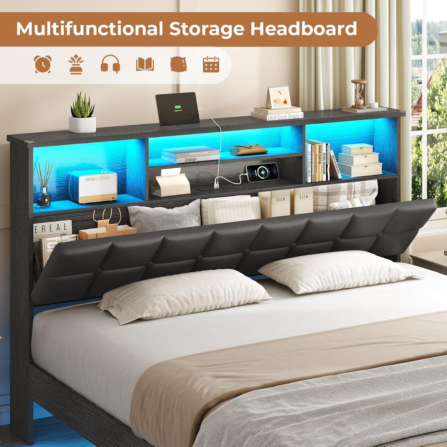 imageVIAGDO Floating Bed Frame Queen Size with Headboard and Storage Upholstered Queen Platform Bed Frame with USB ampamp Type C Charging Station and LED Lights Hidden Storage No Box Spring Needed BlackBlack