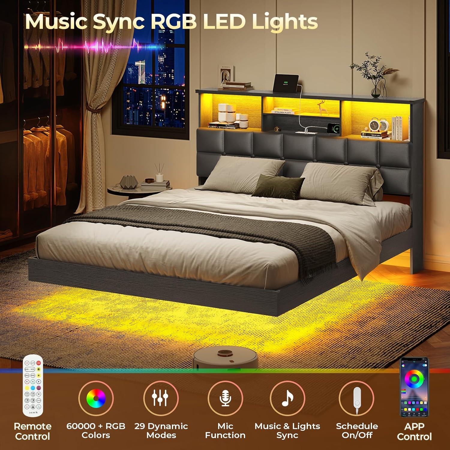 imageVIAGDO Floating Bed Frame Queen Size with Headboard and Storage Upholstered Queen Platform Bed Frame with USB ampamp Type C Charging Station and LED Lights Hidden Storage No Box Spring Needed BlackBlack