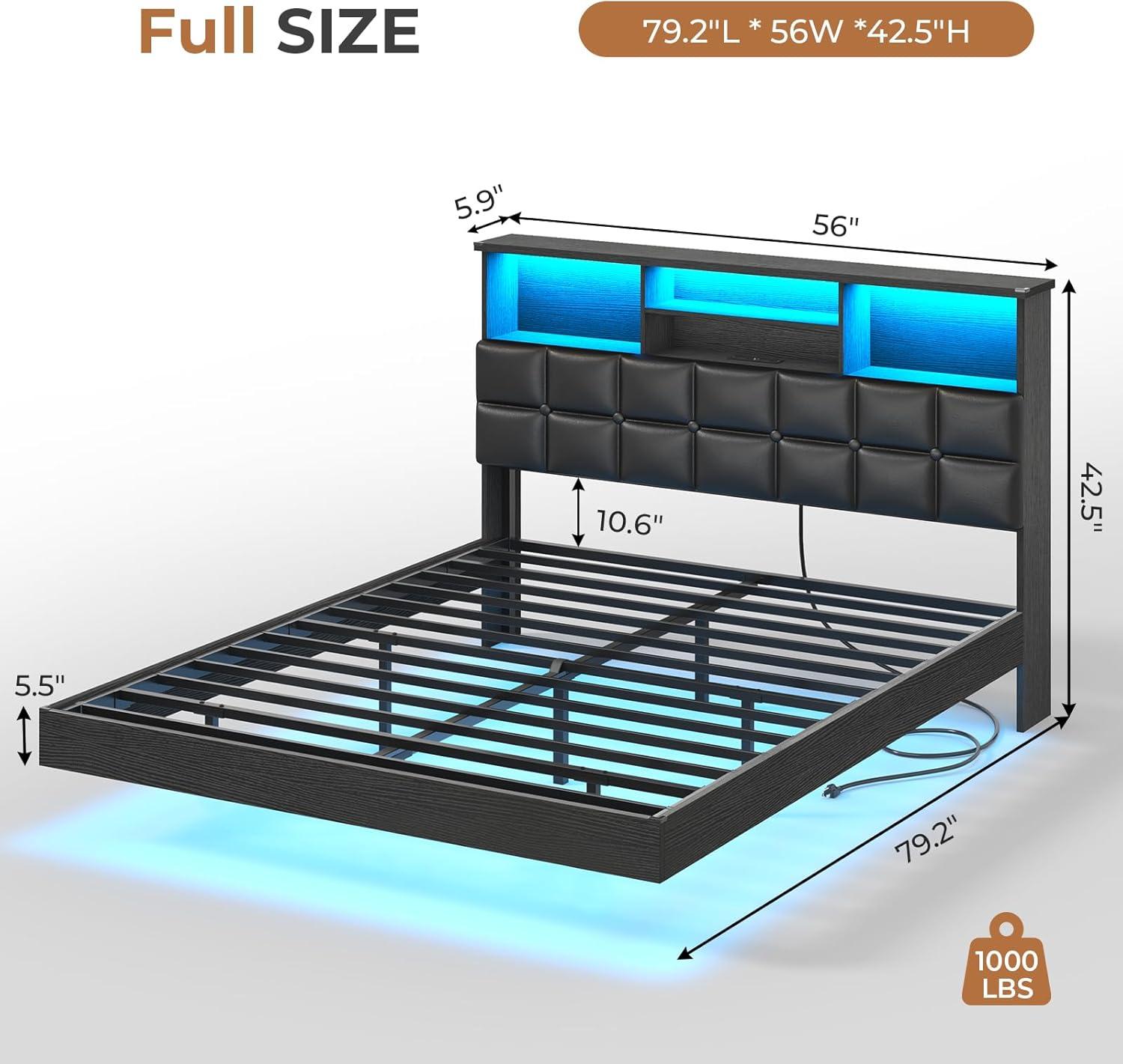 imageVIAGDO Floating Bed Frame Queen Size with Headboard and Storage Upholstered Queen Platform Bed Frame with USB ampamp Type C Charging Station and LED Lights Hidden Storage No Box Spring Needed BlackBlack