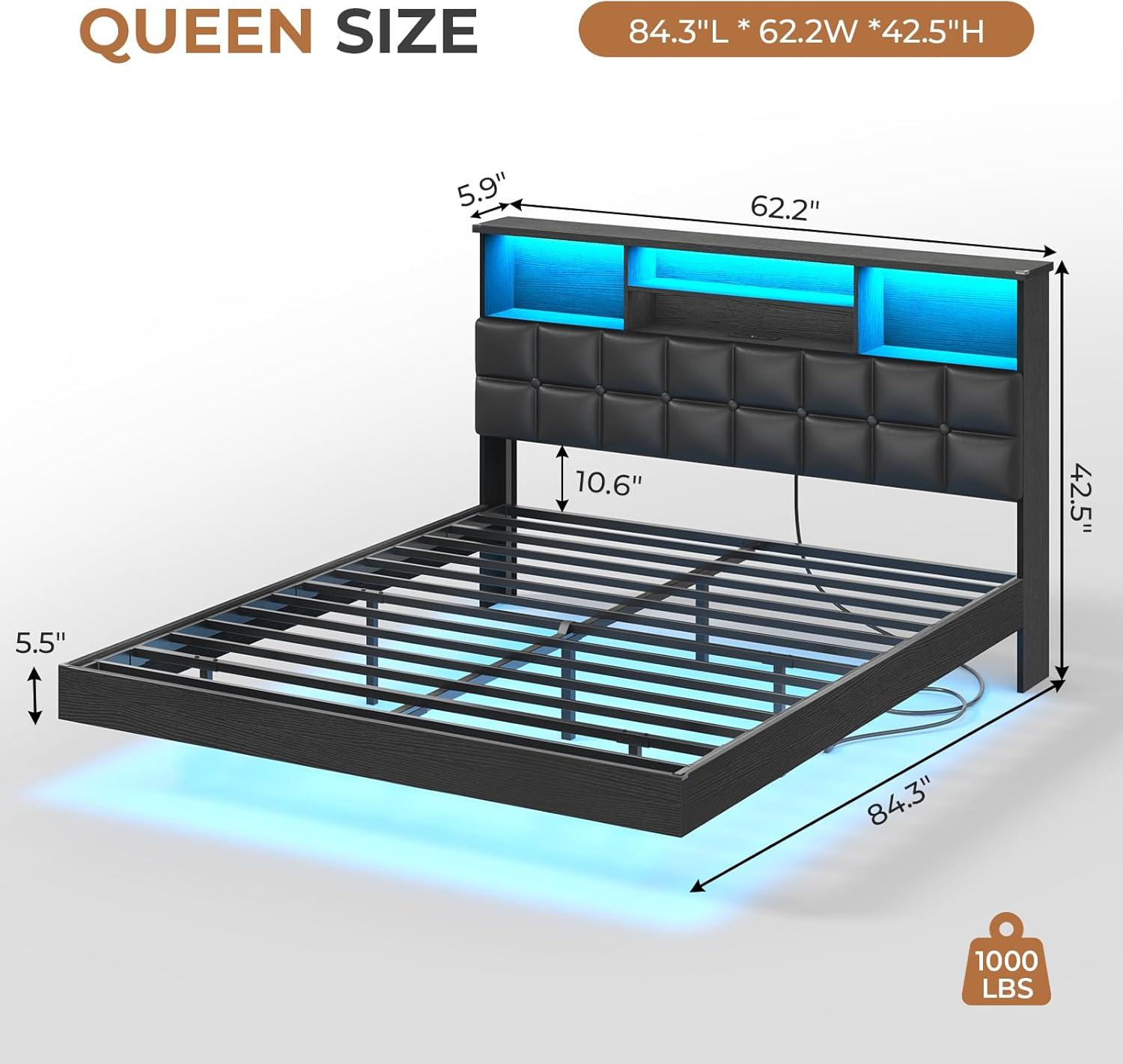 imageVIAGDO Floating Bed Frame Queen Size with Headboard and Storage Upholstered Queen Platform Bed Frame with USB ampamp Type C Charging Station and LED Lights Hidden Storage No Box Spring Needed BlackBlack