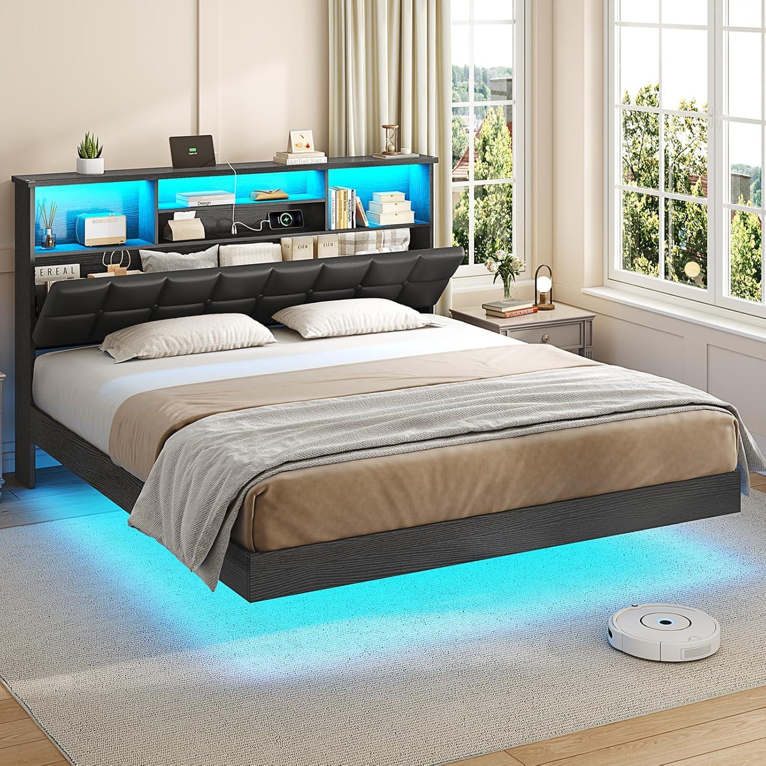 imageVIAGDO Floating Bed Frame Queen Size with Headboard and Storage Upholstered Queen Platform Bed Frame with USB ampamp Type C Charging Station and LED Lights Hidden Storage No Box Spring Needed BlackBlack