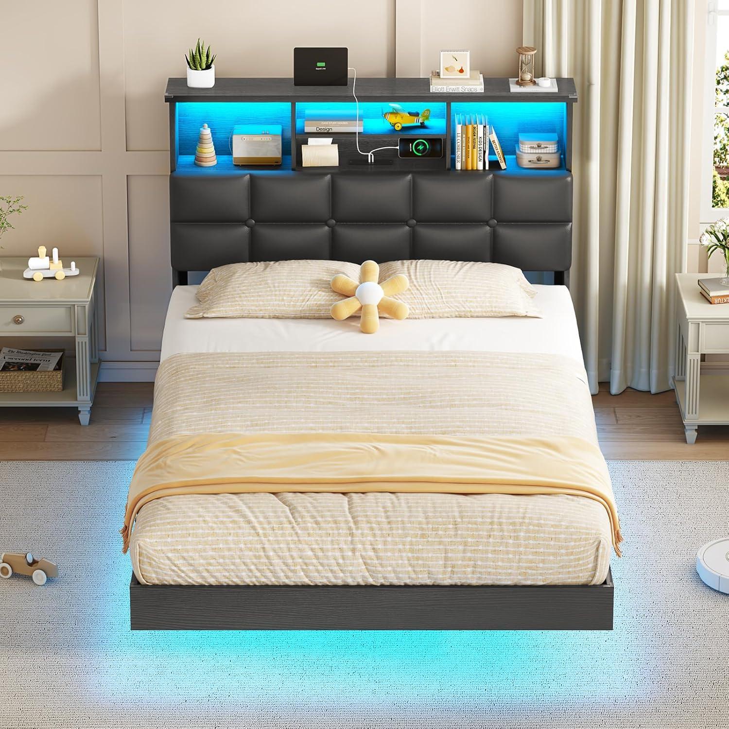 imageVIAGDO Floating Bed Frame Queen Size with Headboard and Storage Upholstered Queen Platform Bed Frame with USB ampamp Type C Charging Station and LED Lights Hidden Storage No Box Spring Needed BlackBlack
