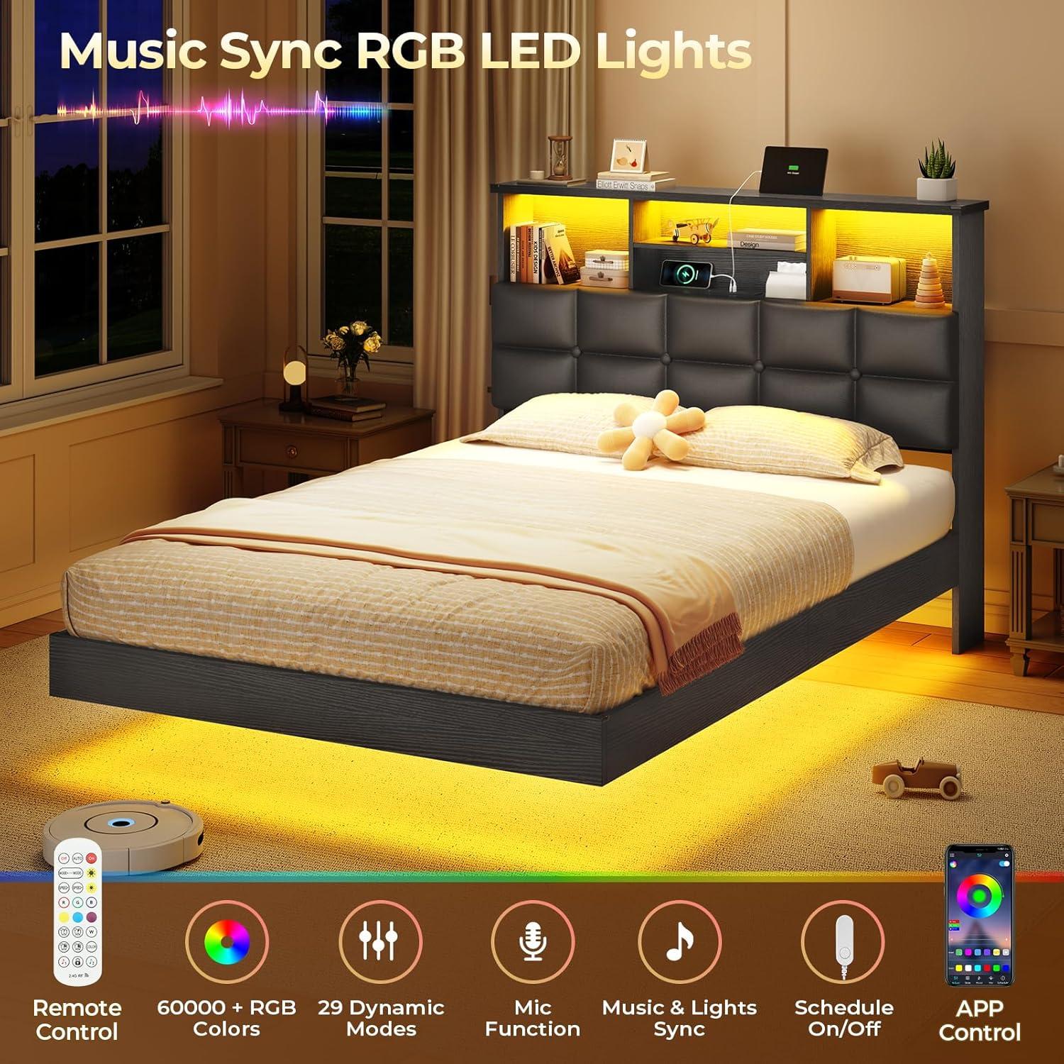 imageVIAGDO Floating Bed Frame Queen Size with Headboard and Storage Upholstered Queen Platform Bed Frame with USB ampamp Type C Charging Station and LED Lights Hidden Storage No Box Spring Needed BlackBlack