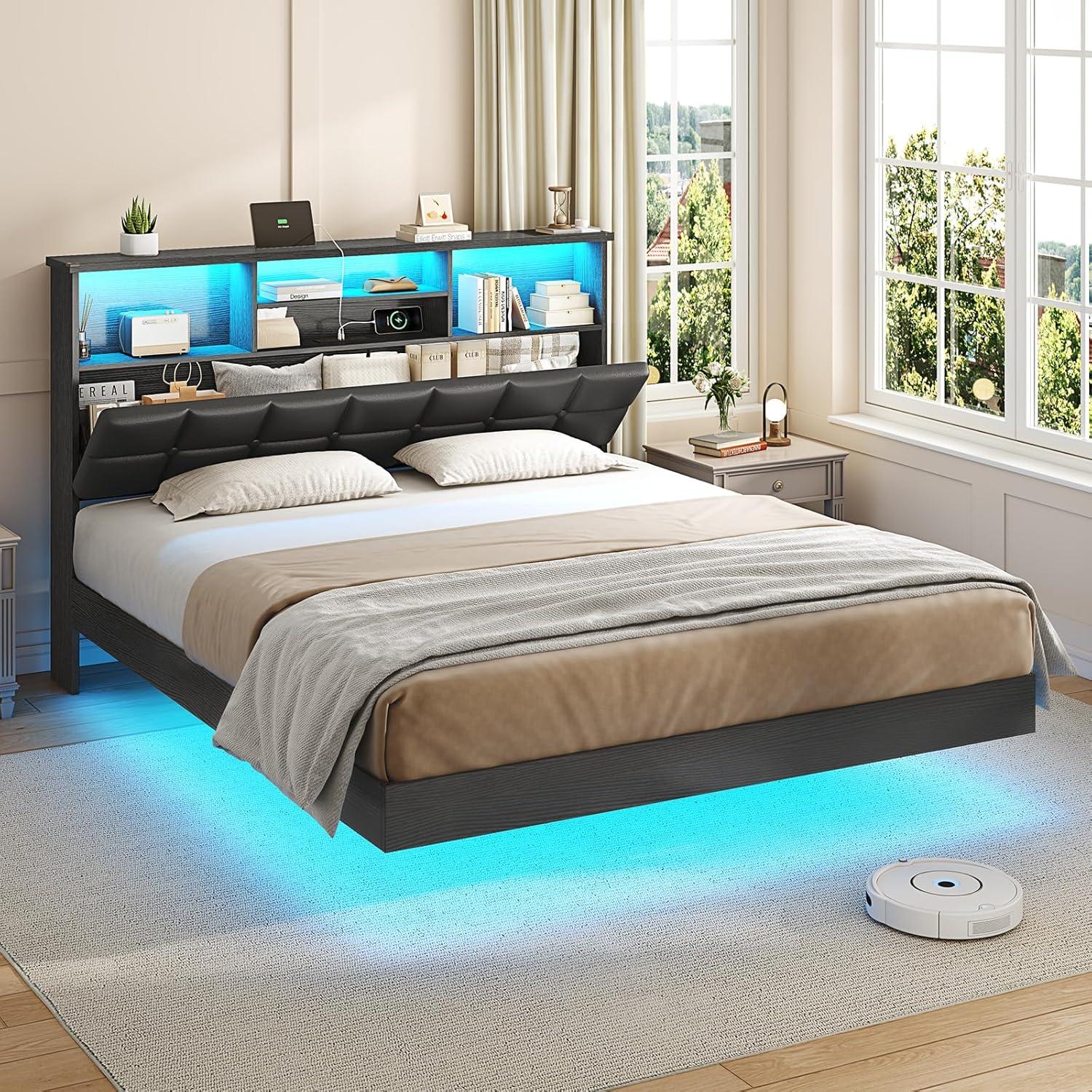 imageVIAGDO Floating Bed Frame Queen Size with Headboard and Storage Upholstered Queen Platform Bed Frame with USB ampamp Type C Charging Station and LED Lights Hidden Storage No Box Spring Needed BlackBlack