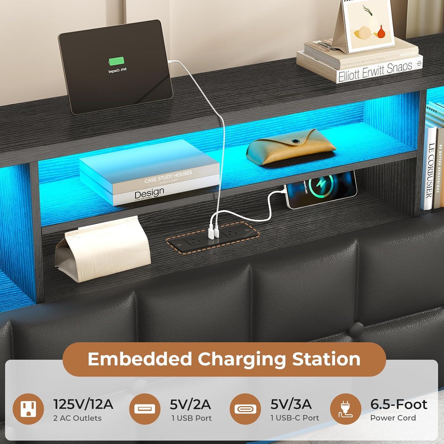 imageVIAGDO Floating Bed Frame Queen Size with Headboard and Storage Upholstered Queen Platform Bed Frame with USB ampamp Type C Charging Station and LED Lights Hidden Storage No Box Spring Needed BlackBlack