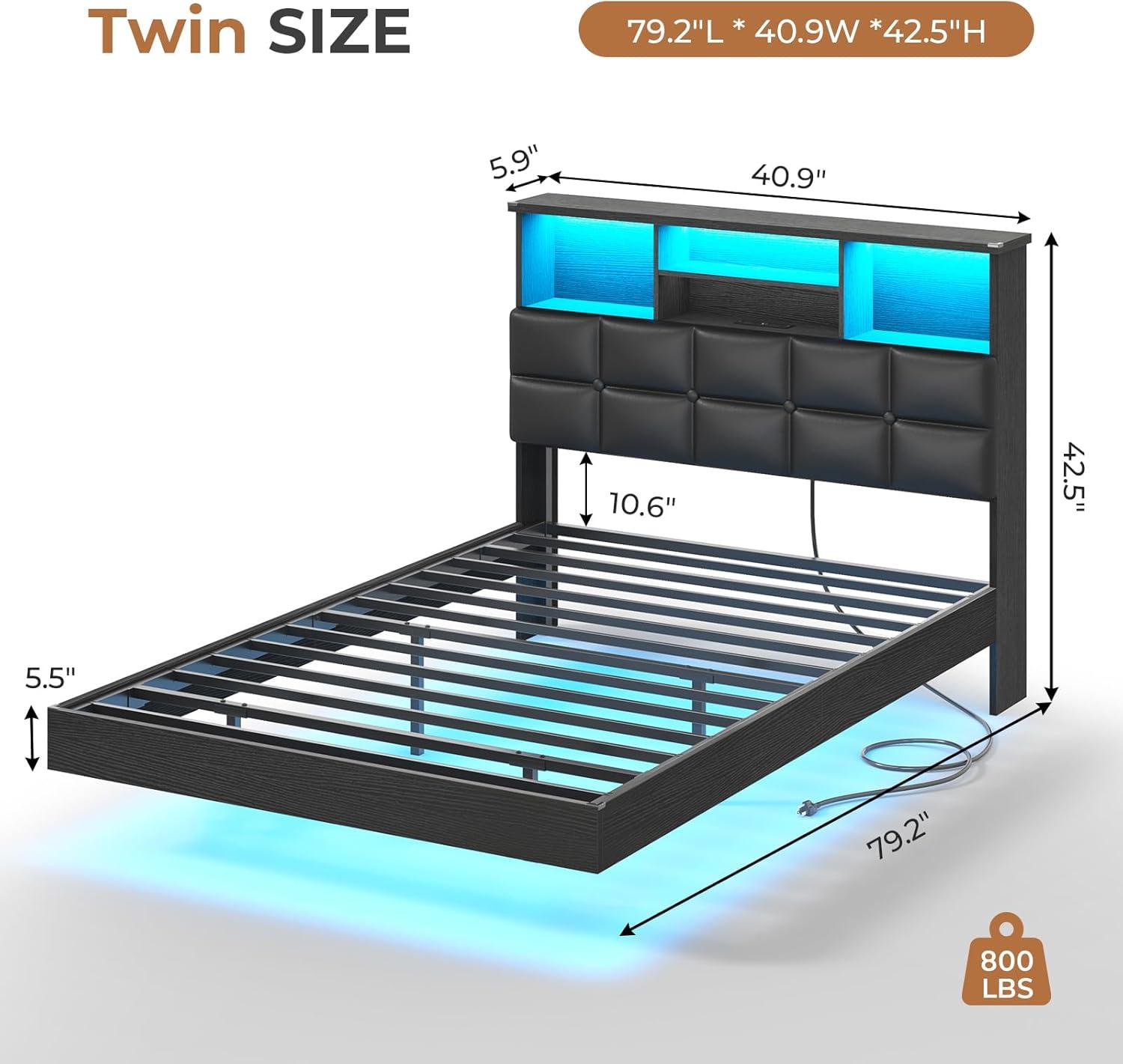 imageVIAGDO Floating Bed Frame Queen Size with Headboard and Storage Upholstered Queen Platform Bed Frame with USB ampamp Type C Charging Station and LED Lights Hidden Storage No Box Spring Needed BlackBlack