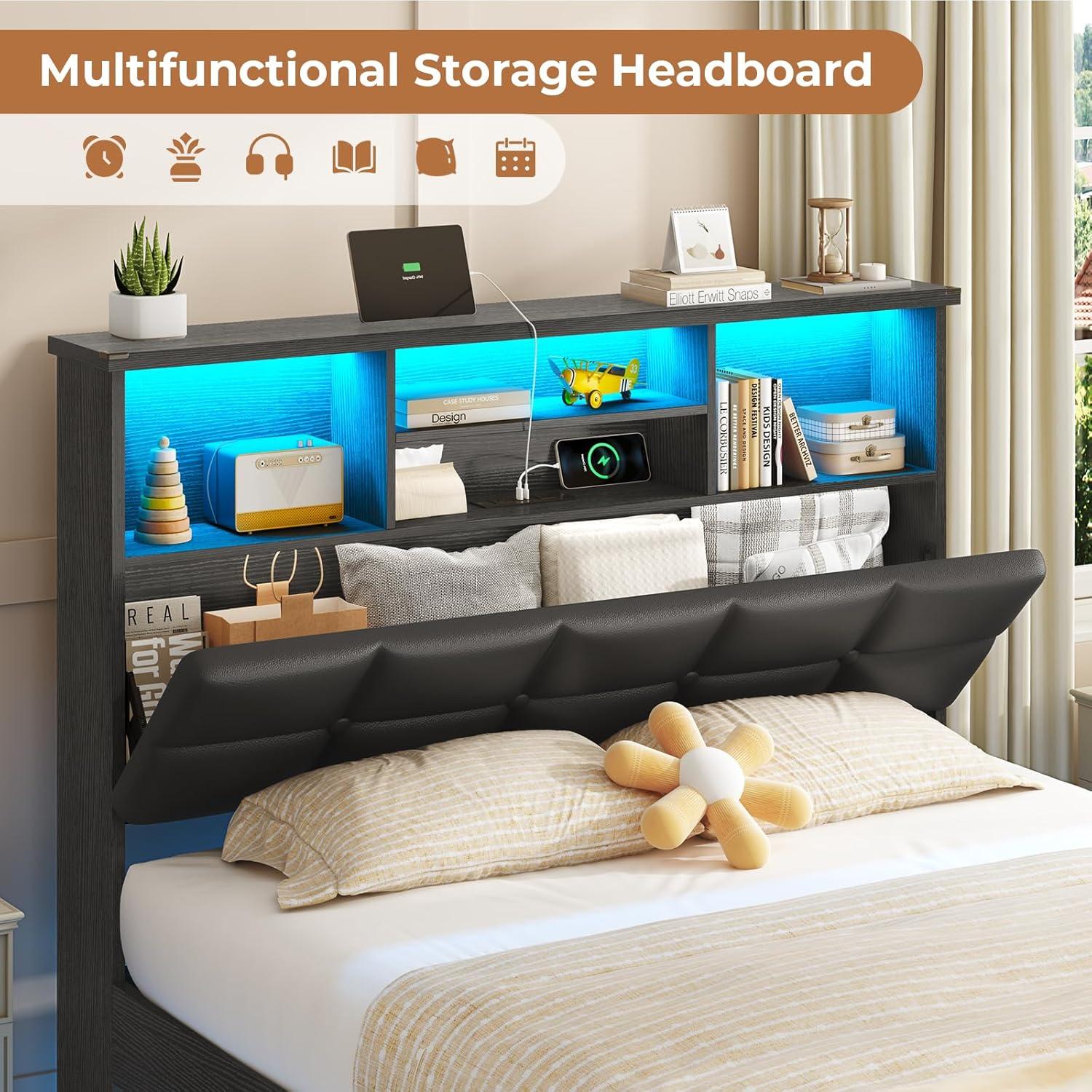 imageVIAGDO Floating Bed Frame Queen Size with Headboard and Storage Upholstered Queen Platform Bed Frame with USB ampamp Type C Charging Station and LED Lights Hidden Storage No Box Spring Needed BlackBlack