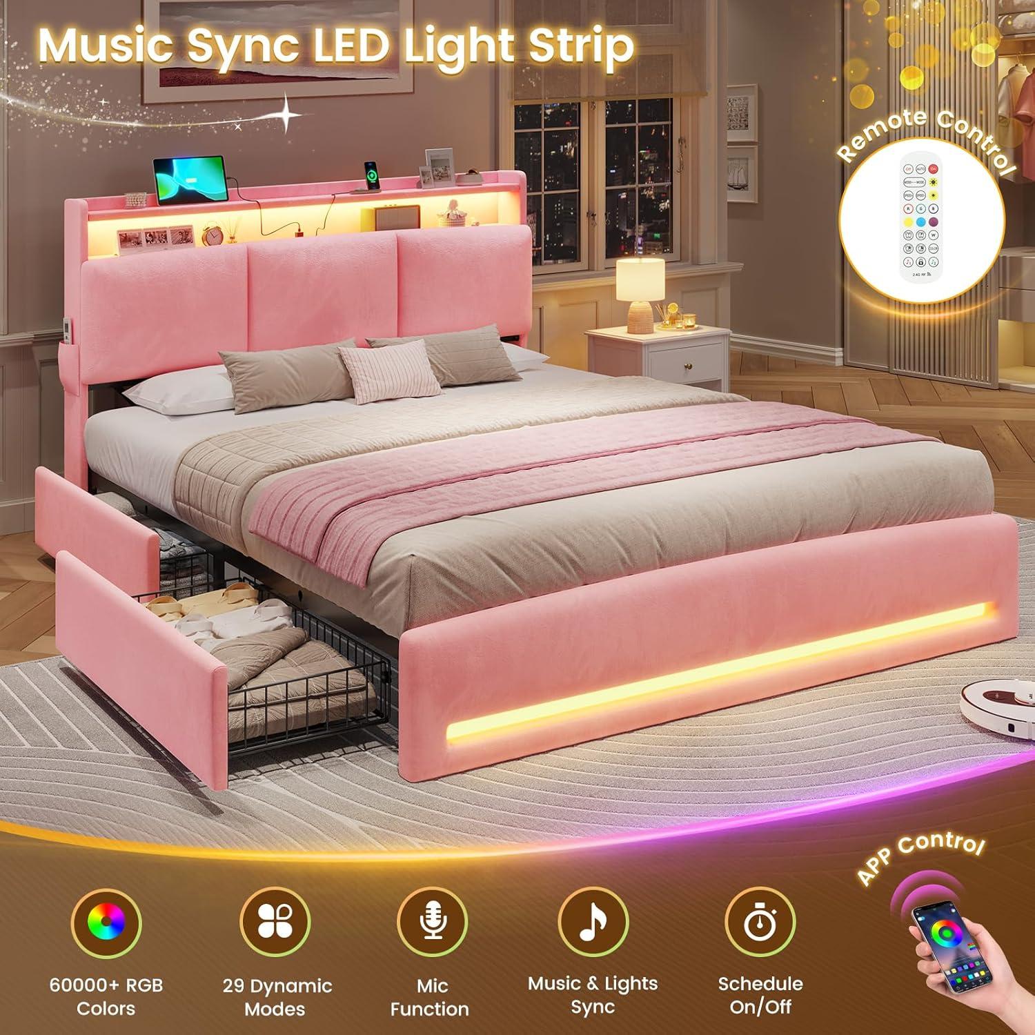 imageVIAGDO Full Size Bed Frame with Storage Headboard and Charging Station Velvet Upholstered Bed Frame Full Size with 4 Drawers and LED Lights Type C and USB No Box Spring Needed PinkPink