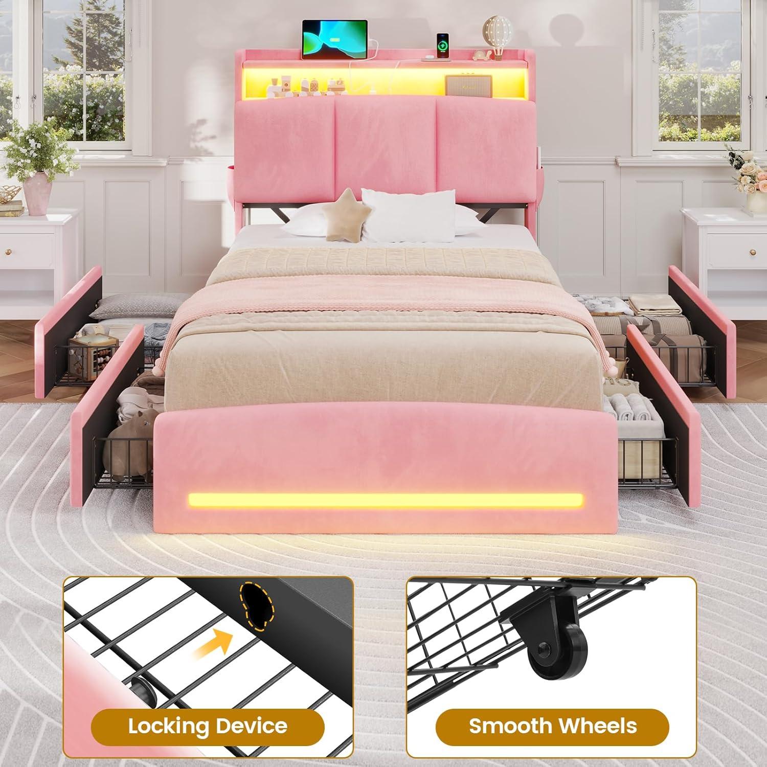 imageVIAGDO Full Size Bed Frame with Storage Headboard and Charging Station Velvet Upholstered Bed Frame Full Size with 4 Drawers and LED Lights Type C and USB No Box Spring Needed PinkPink