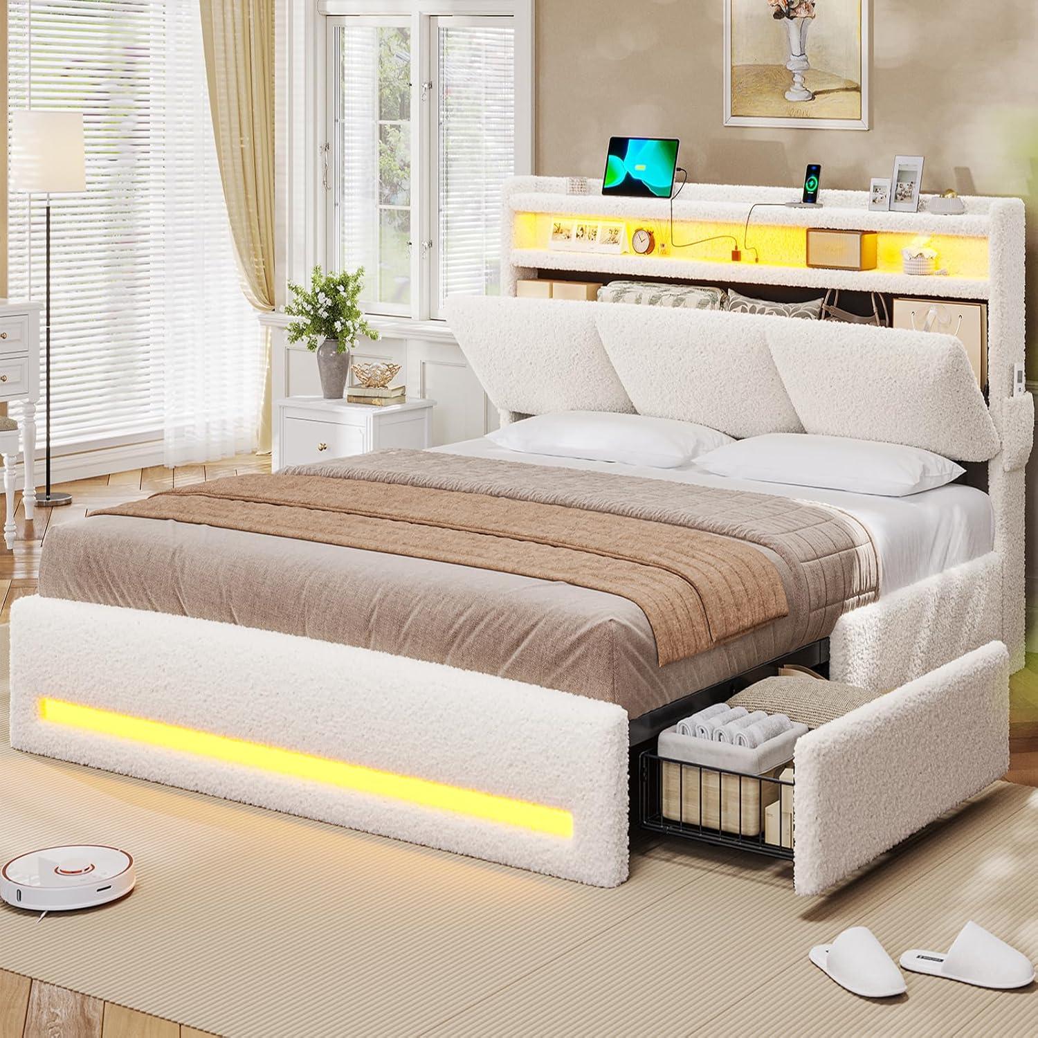 imageVIAGDO Full Size Bed Frame with Storage Headboard and Charging Station Velvet Upholstered Bed Frame Full Size with 4 Drawers and LED Lights Type C and USB No Box Spring Needed PinkCream