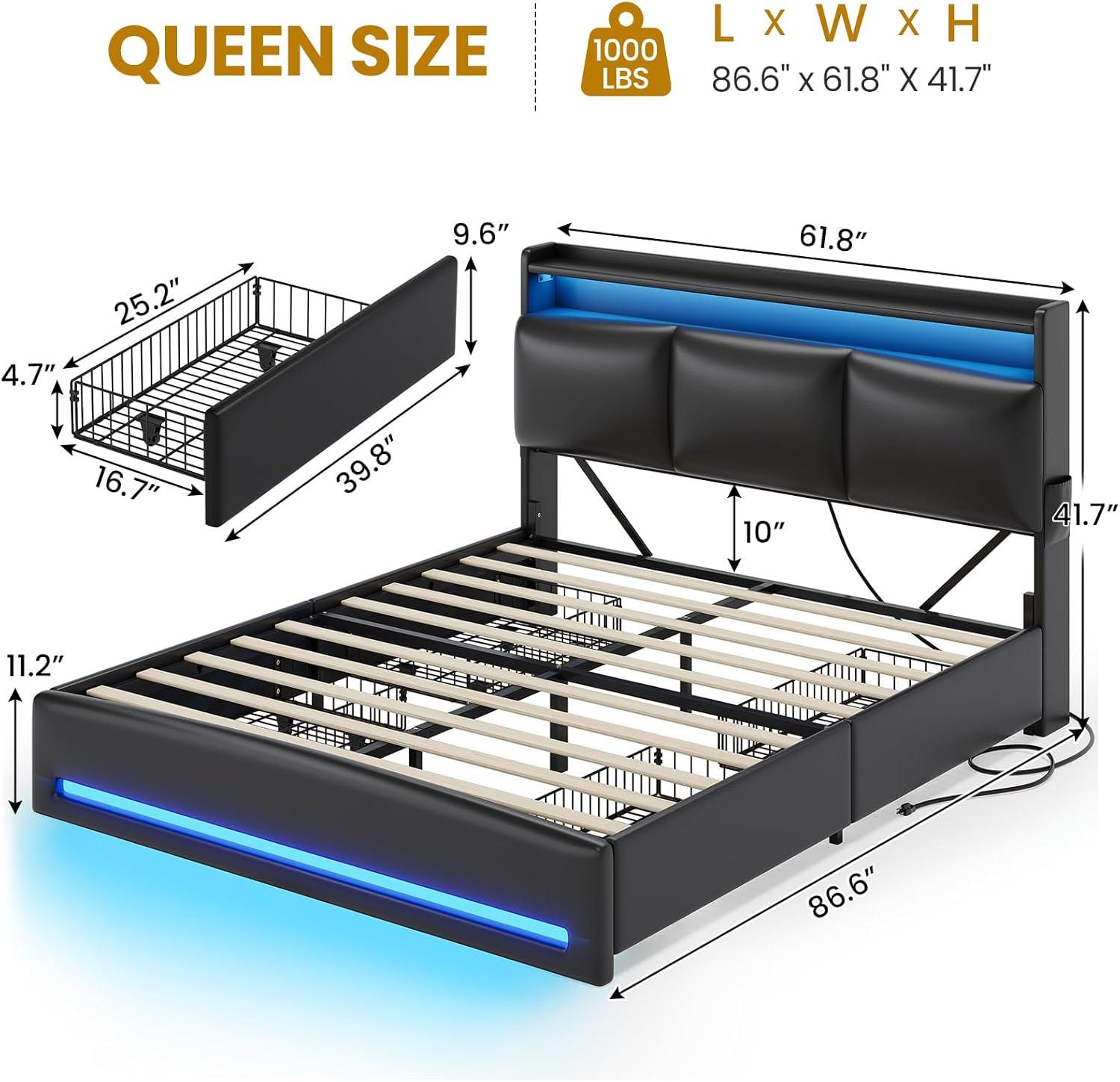 imageVIAGDO Full Size Bed Frame with Storage Headboard and Charging Station Velvet Upholstered Bed Frame Full Size with 4 Drawers and LED Lights Type C and USB No Box Spring Needed PinkBlack