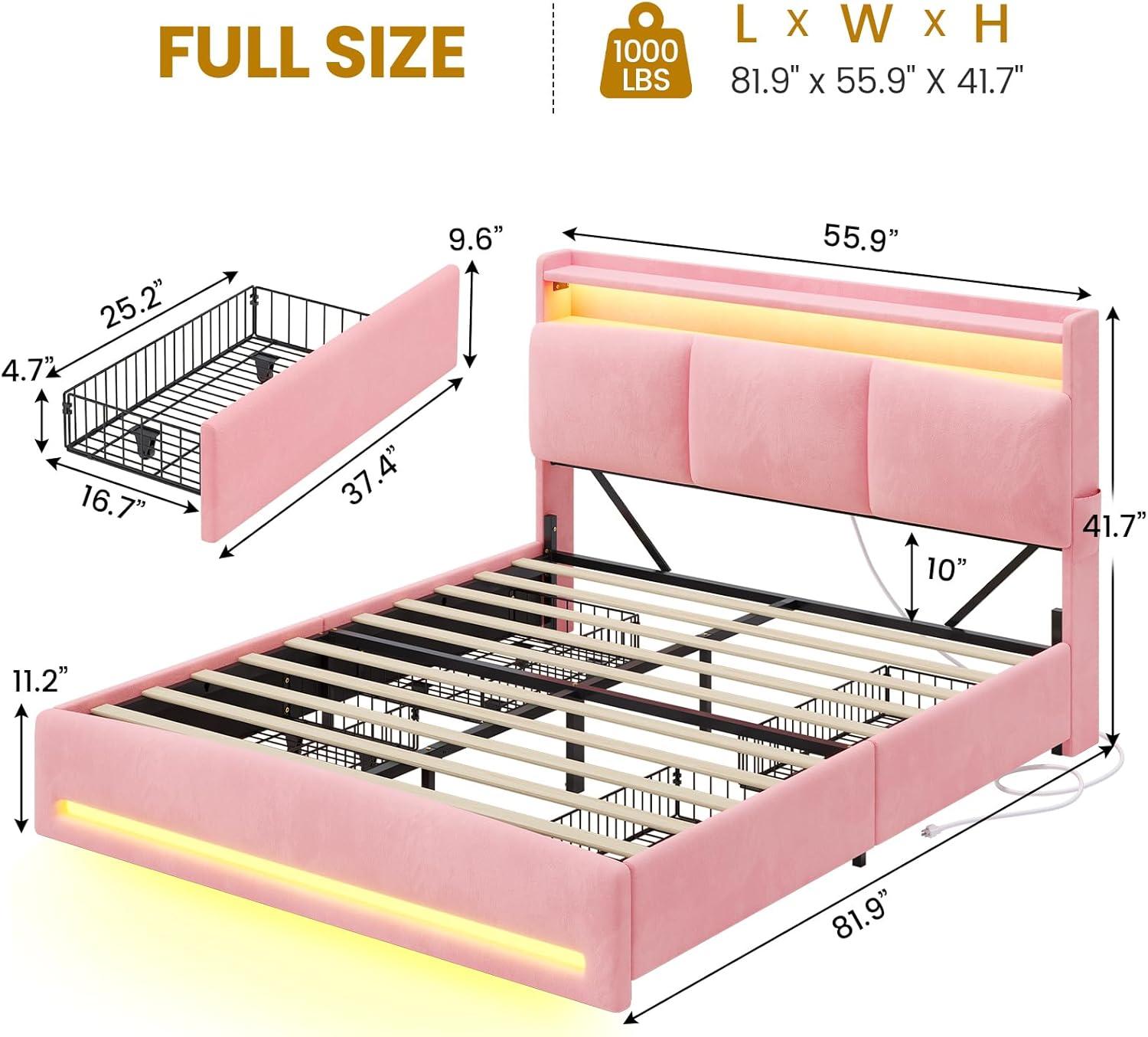 imageVIAGDO Full Size Bed Frame with Storage Headboard and Charging Station Velvet Upholstered Bed Frame Full Size with 4 Drawers and LED Lights Type C and USB No Box Spring Needed PinkPink
