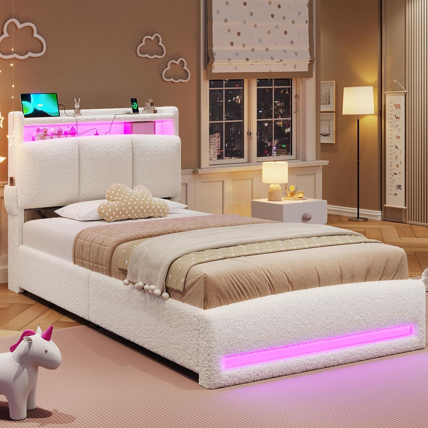 imageVIAGDO Full Size Bed Frame with Storage Headboard and Charging Station Velvet Upholstered Bed Frame Full Size with 4 Drawers and LED Lights Type C and USB No Box Spring Needed PinkCream