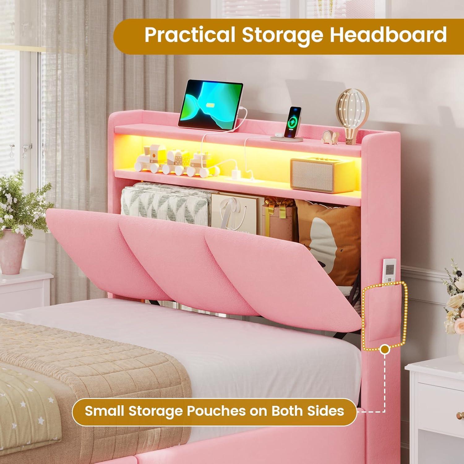 imageVIAGDO Full Size Bed Frame with Storage Headboard and Charging Station Velvet Upholstered Bed Frame Full Size with 4 Drawers and LED Lights Type C and USB No Box Spring Needed PinkPink