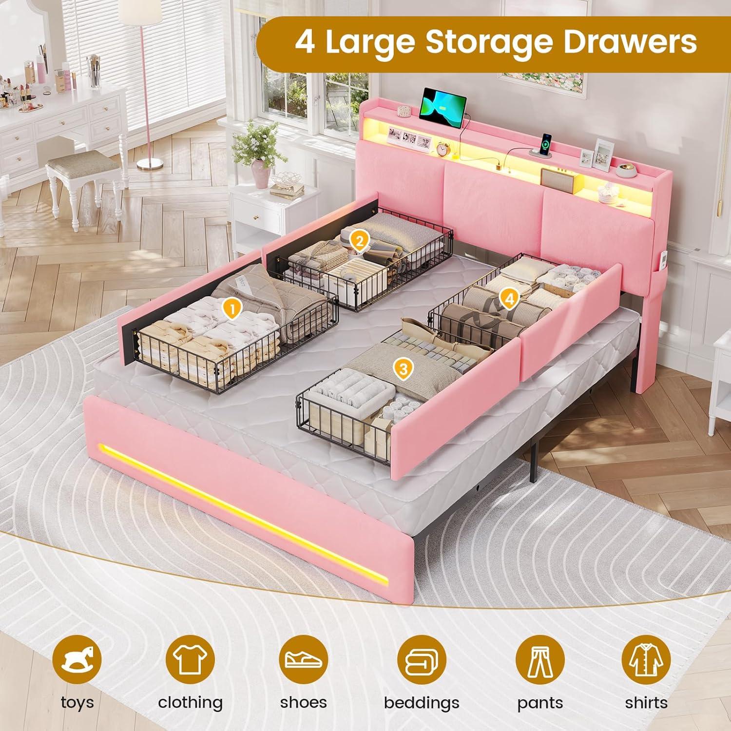 imageVIAGDO Full Size Bed Frame with Storage Headboard and Charging Station Velvet Upholstered Bed Frame Full Size with 4 Drawers and LED Lights Type C and USB No Box Spring Needed PinkPink