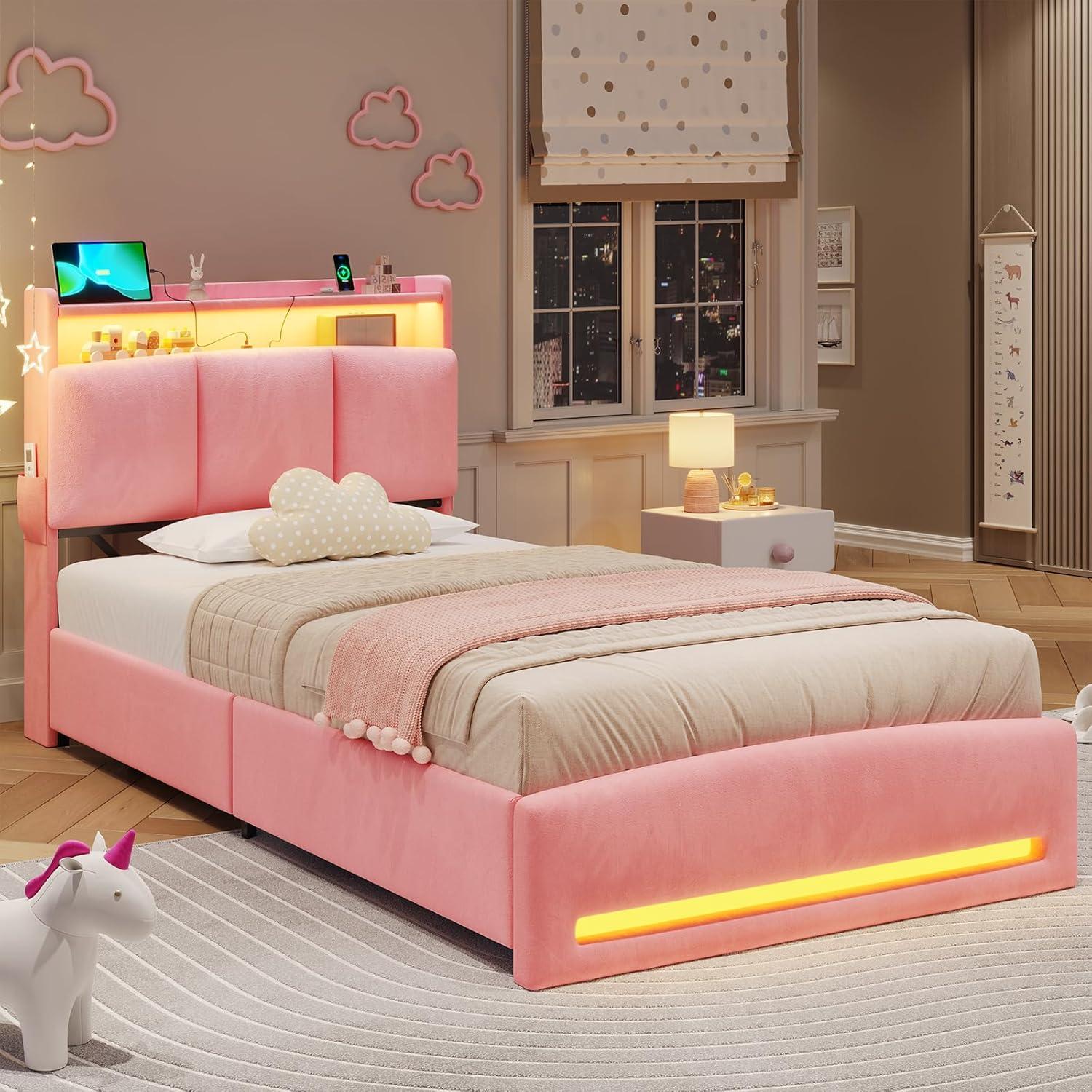 imageVIAGDO Full Size Bed Frame with Storage Headboard and Charging Station Velvet Upholstered Bed Frame Full Size with 4 Drawers and LED Lights Type C and USB No Box Spring Needed PinkPink
