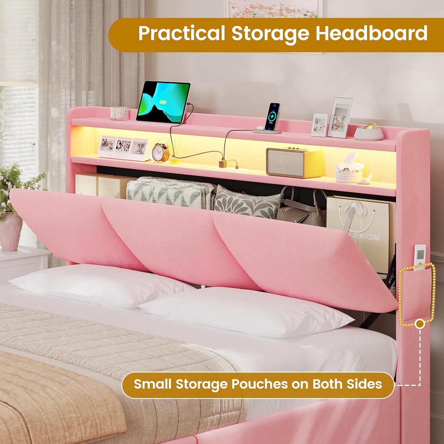 imageVIAGDO Full Size Bed Frame with Storage Headboard and Charging Station Velvet Upholstered Bed Frame Full Size with 4 Drawers and LED Lights Type C and USB No Box Spring Needed PinkPink