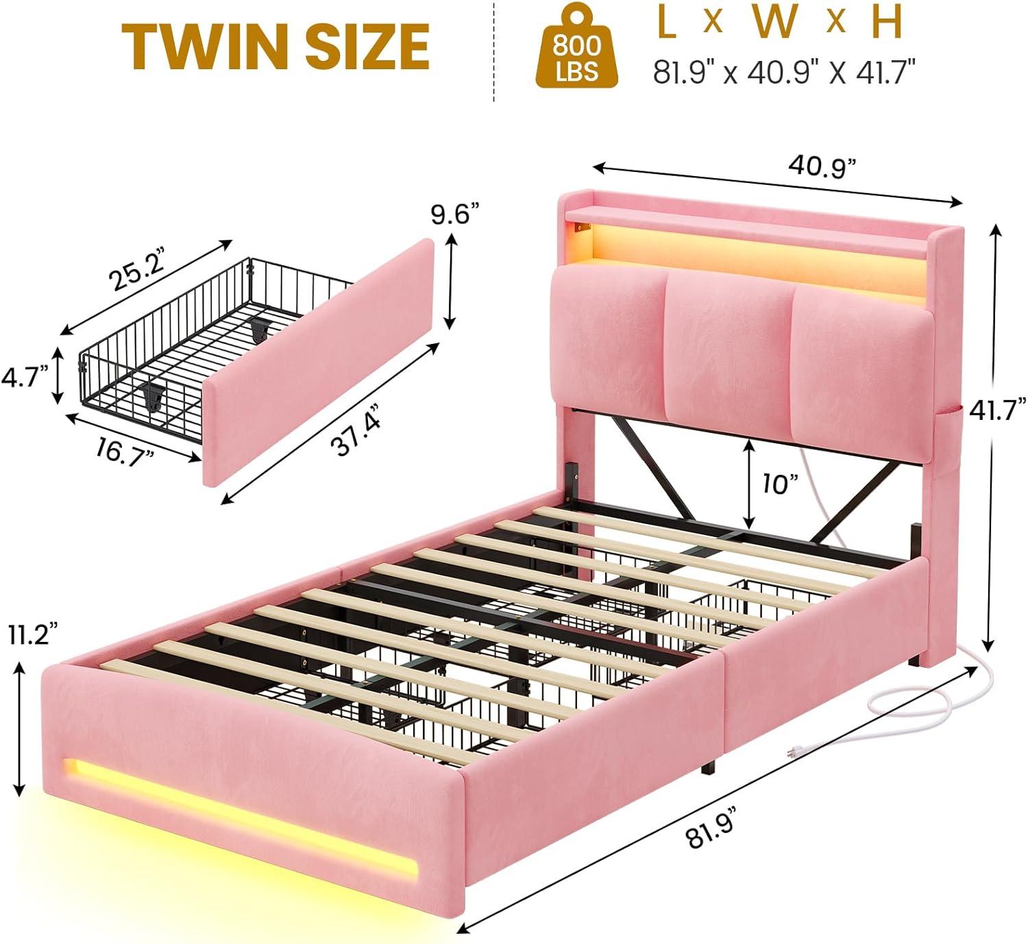 imageVIAGDO Full Size Bed Frame with Storage Headboard and Charging Station Velvet Upholstered Bed Frame Full Size with 4 Drawers and LED Lights Type C and USB No Box Spring Needed PinkPink