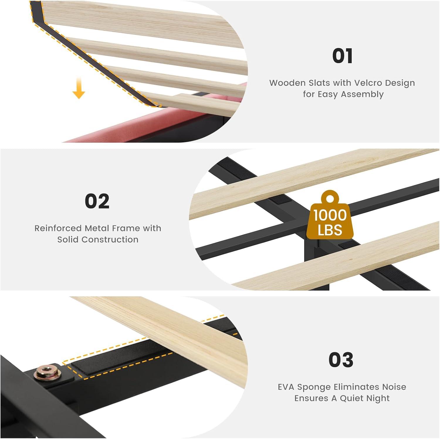 imageVIAGDO Full Size Bed Frame with Storage Headboard and Charging Station Velvet Upholstered Bed Frame Full Size with 4 Drawers and LED Lights Type C and USB No Box Spring Needed PinkPink