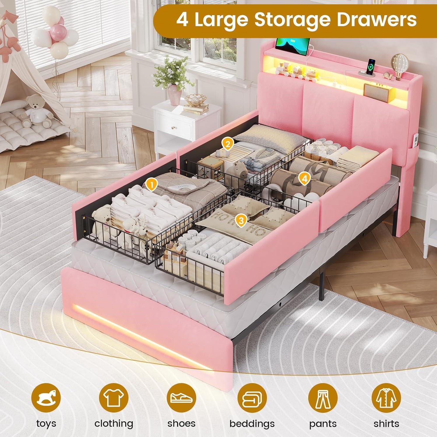 imageVIAGDO Full Size Bed Frame with Storage Headboard and Charging Station Velvet Upholstered Bed Frame Full Size with 4 Drawers and LED Lights Type C and USB No Box Spring Needed PinkPink