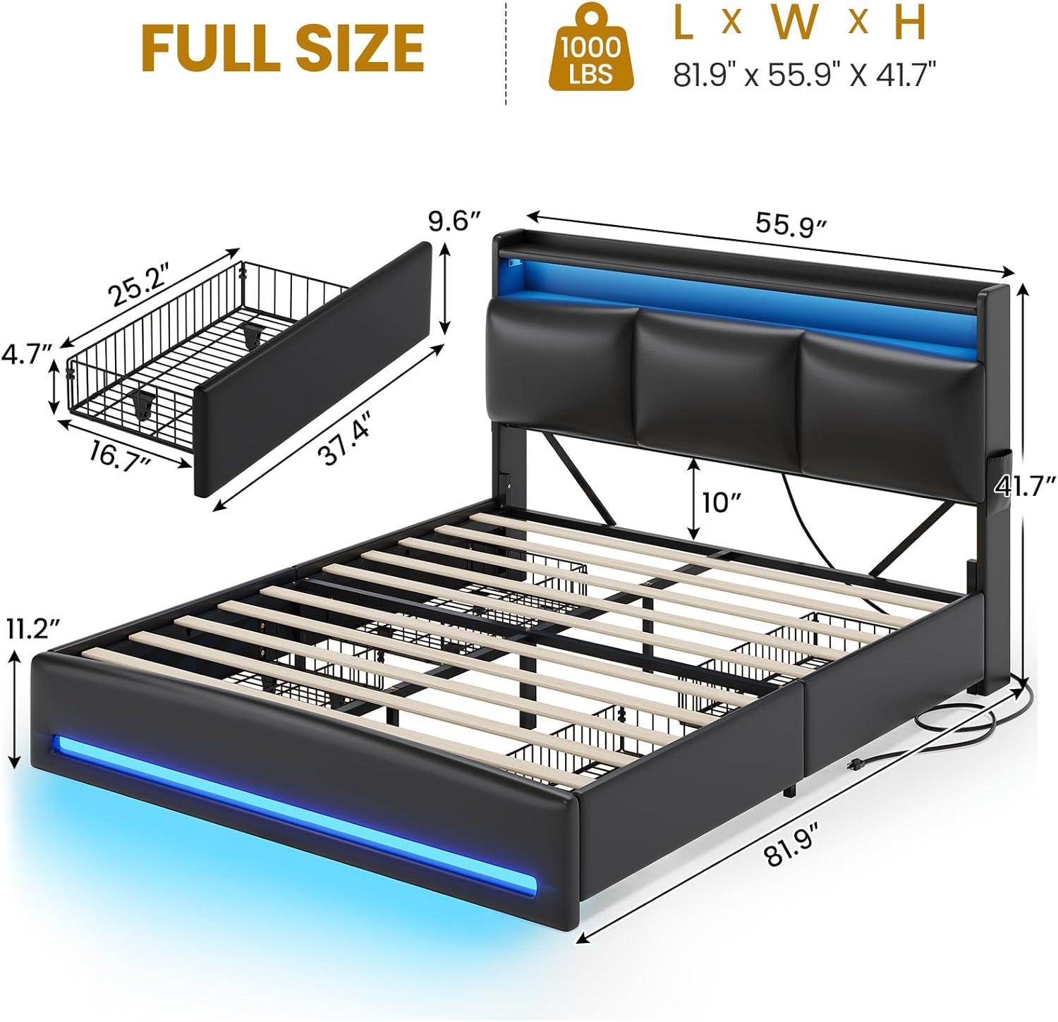 imageVIAGDO Full Size Bed Frame with Storage Headboard and Charging Station Velvet Upholstered Bed Frame Full Size with 4 Drawers and LED Lights Type C and USB No Box Spring Needed PinkBlack