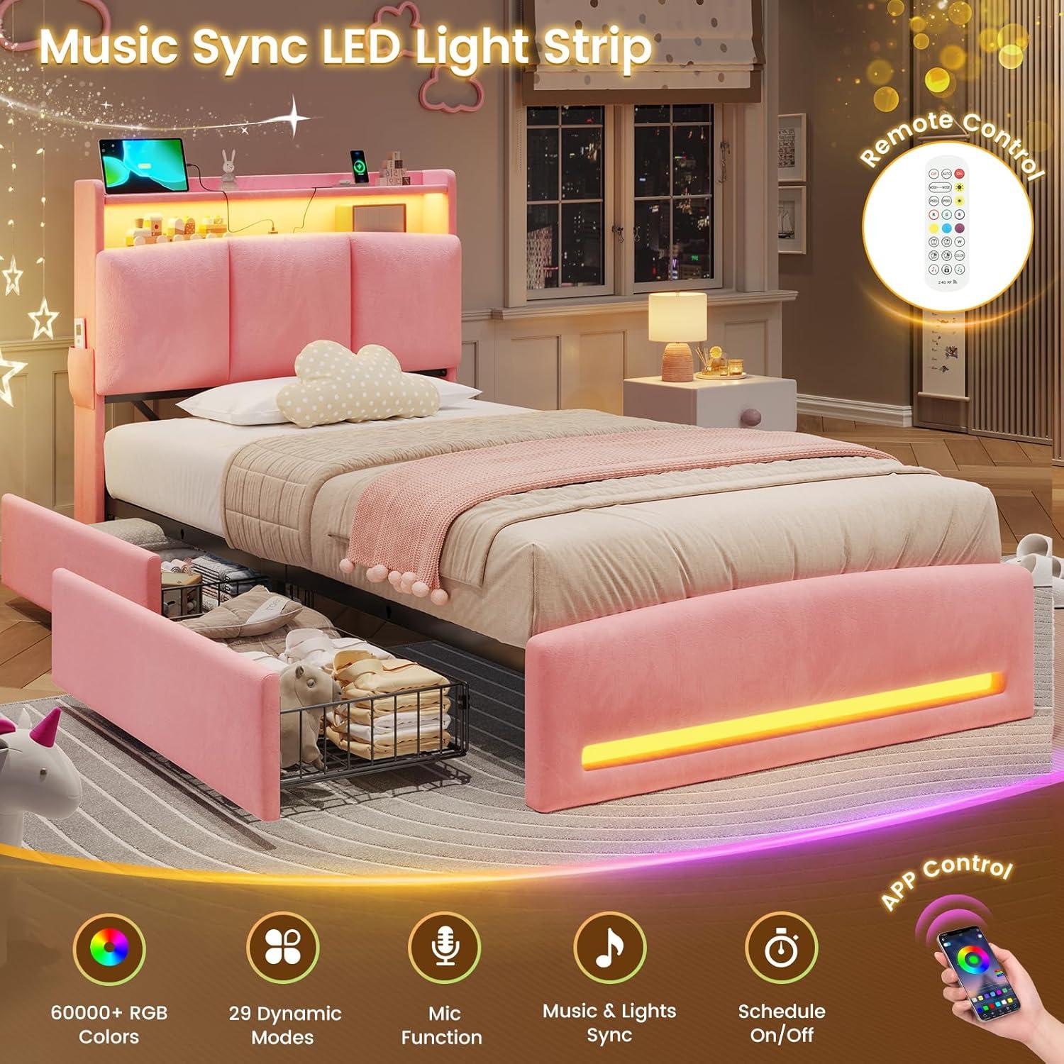imageVIAGDO Full Size Bed Frame with Storage Headboard and Charging Station Velvet Upholstered Bed Frame Full Size with 4 Drawers and LED Lights Type C and USB No Box Spring Needed PinkPink