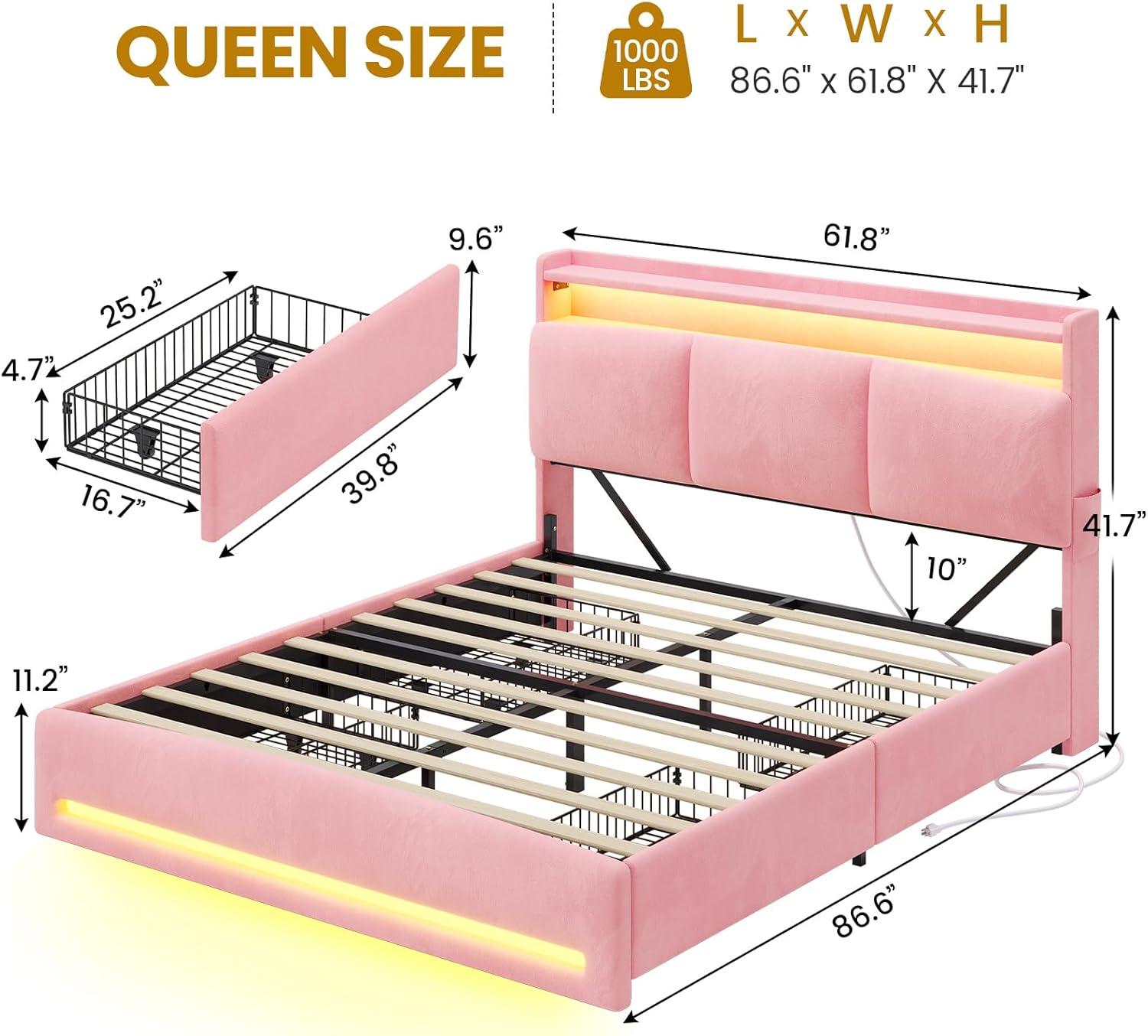 imageVIAGDO Full Size Bed Frame with Storage Headboard and Charging Station Velvet Upholstered Bed Frame Full Size with 4 Drawers and LED Lights Type C and USB No Box Spring Needed PinkPink