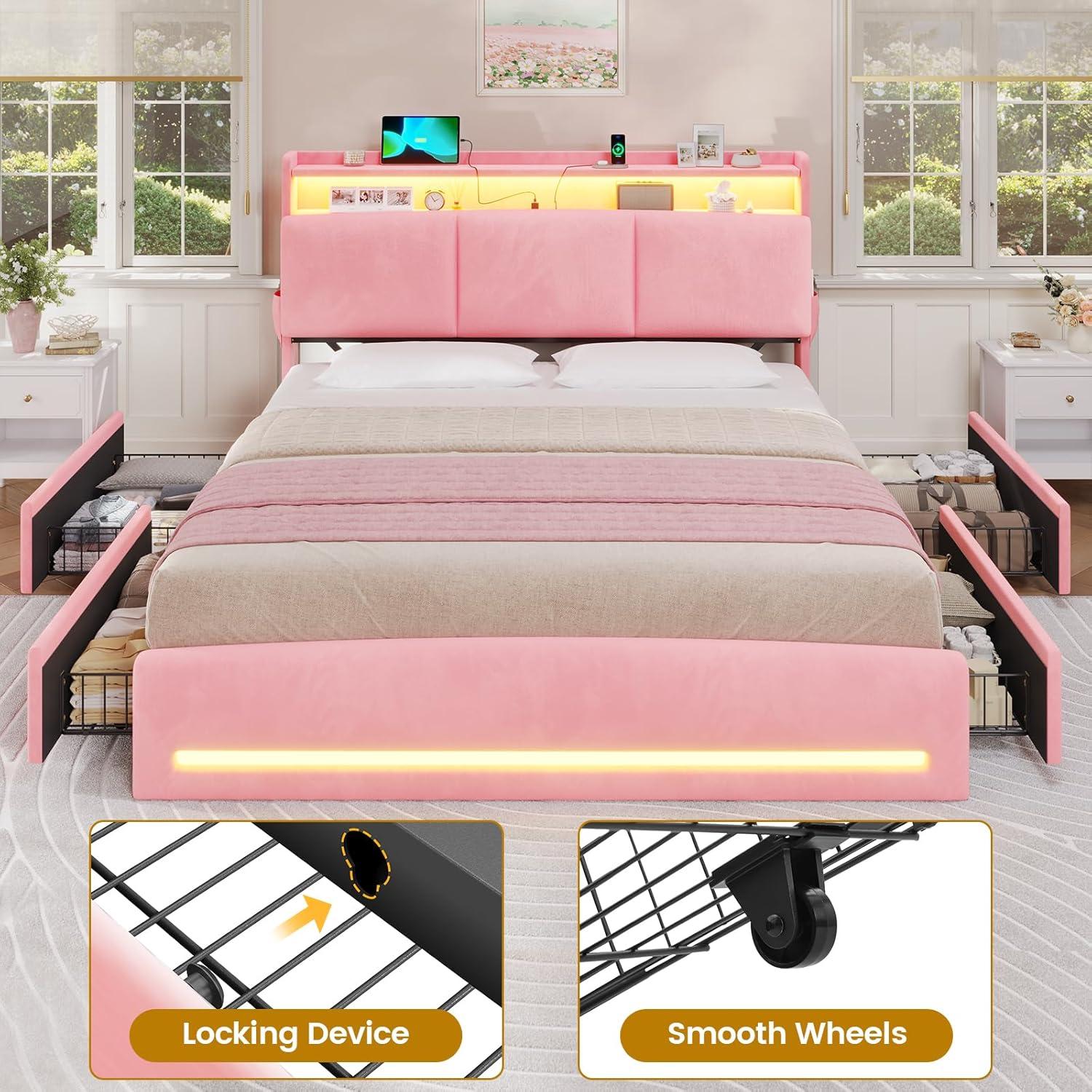 imageVIAGDO Full Size Bed Frame with Storage Headboard and Charging Station Velvet Upholstered Bed Frame Full Size with 4 Drawers and LED Lights Type C and USB No Box Spring Needed PinkPink