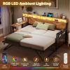 imageVIAGDO Daybed Twin with Pop Up Trundle Farmhouse Wooden Day Bed Frame with 3 Storage Drawers and Shelves Twin to King Daybed with Charging Station and LED Lights for Bedroom Rustic BrownRustic Brown