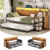 imageVIAGDO Daybed Twin with Pop Up Trundle Farmhouse Wooden Day Bed Frame with 3 Storage Drawers and Shelves Twin to King Daybed with Charging Station and LED Lights for Bedroom Rustic BrownRustic Brown