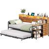 imageVIAGDO Daybed Twin with Pop Up Trundle Farmhouse Wooden Day Bed Frame with 3 Storage Drawers and Shelves Twin to King Daybed with Charging Station and LED Lights for Bedroom Rustic BrownRustic Brown